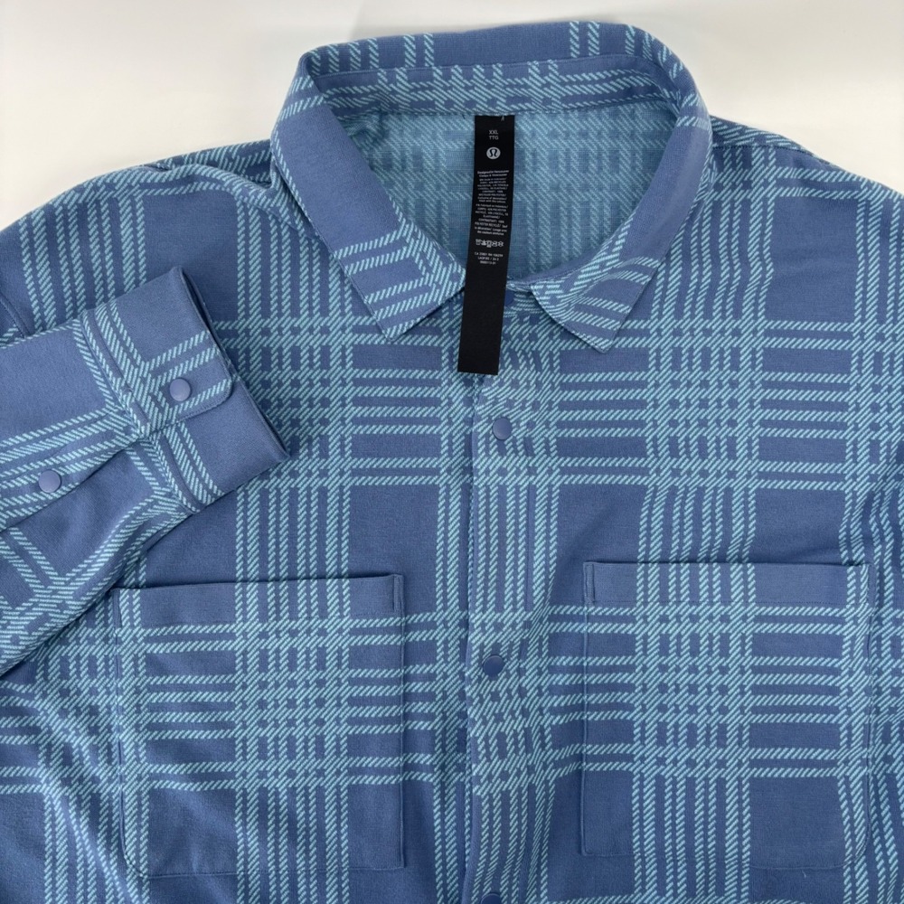 Lululemon Commission Shirt Mens XXL Blue Plaid Long Sleeve Snap Front Stretch